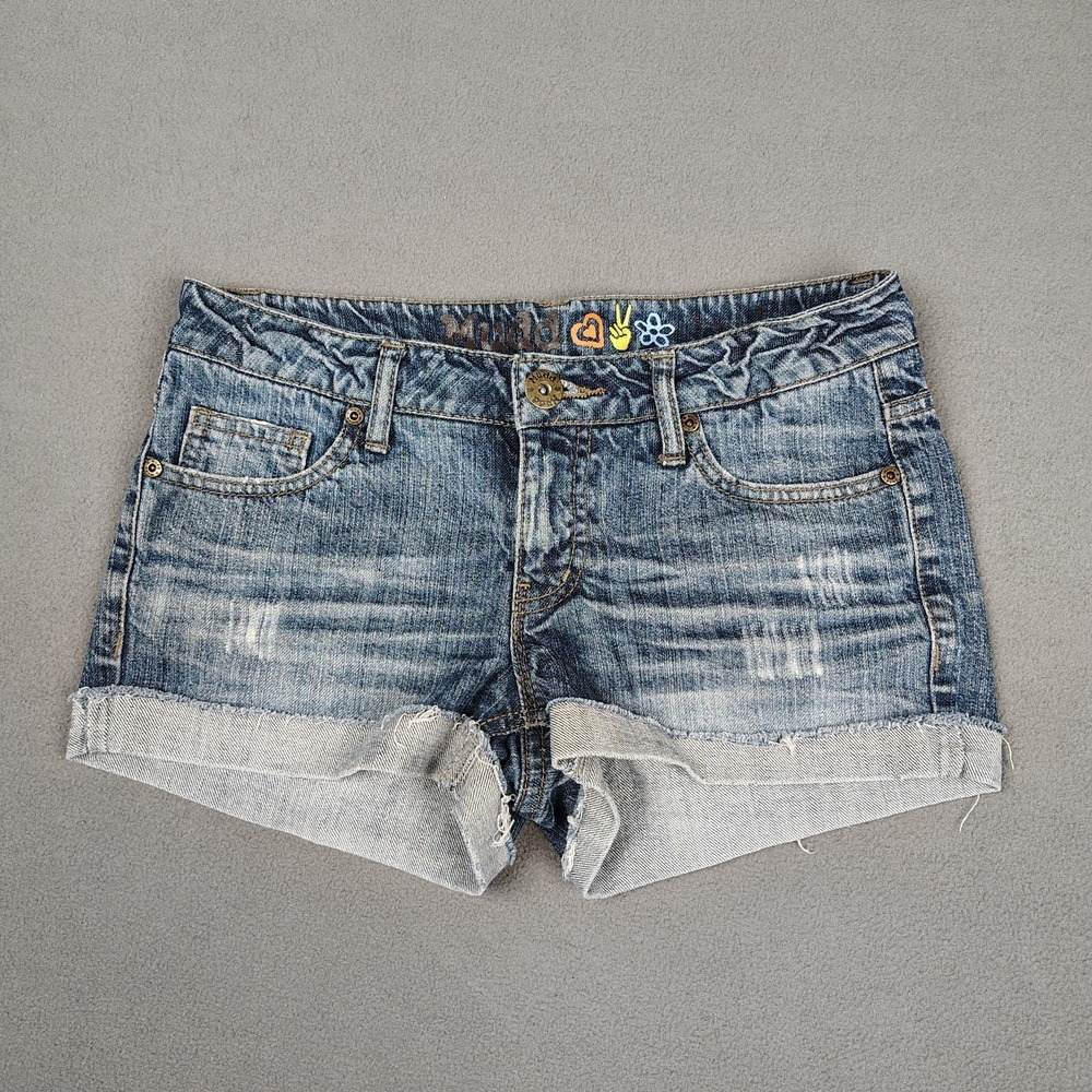 Vintage Y2K MUDD Mini Denim Shorts 5/6 Blue Low Rise Cuffed Hem Beach Festival